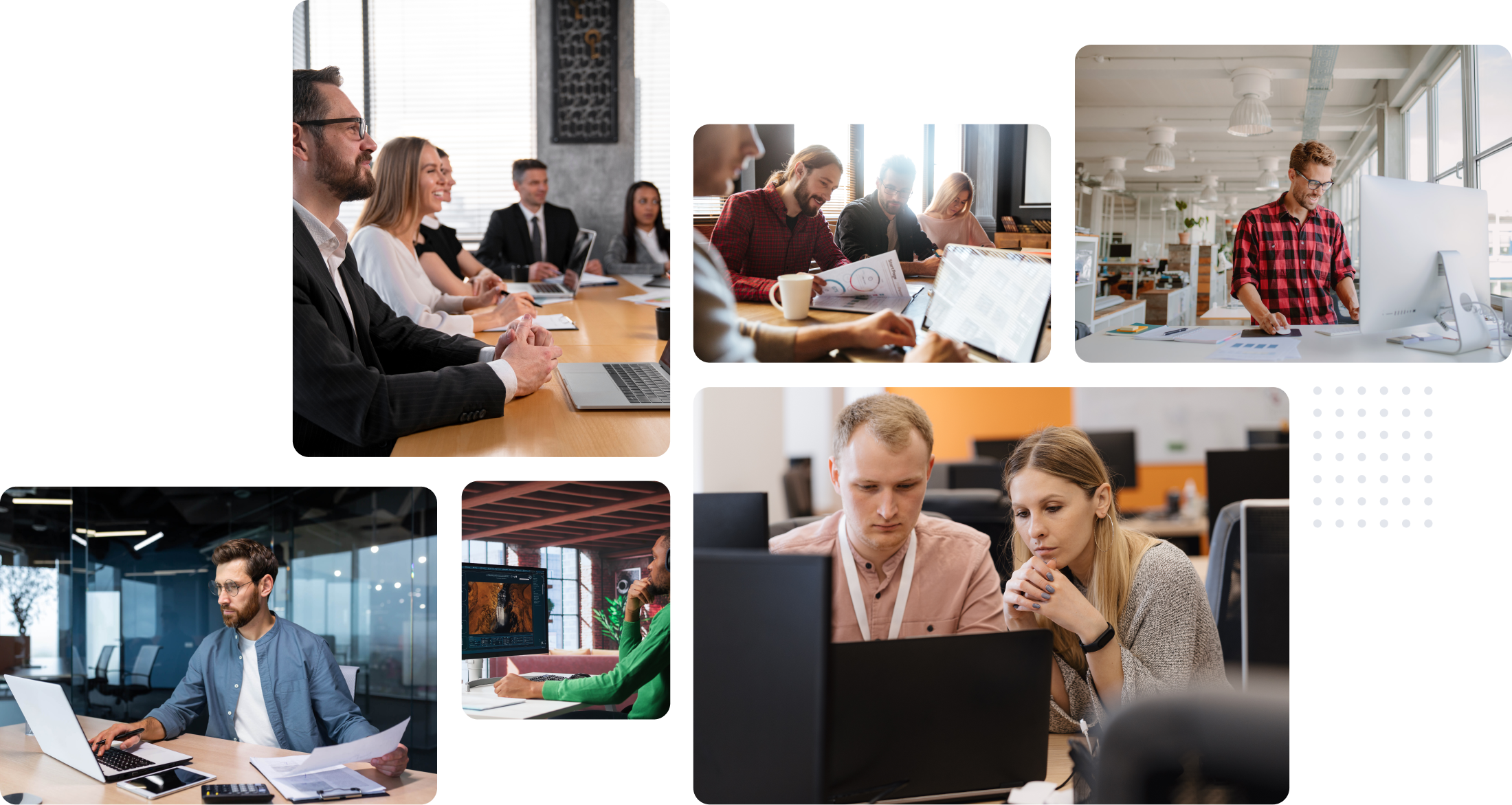 Ofis ortamında toplantı yapan ve bilgisayar başında birlikte çalışan ekip üyelerinden oluşan kolaj görseli.